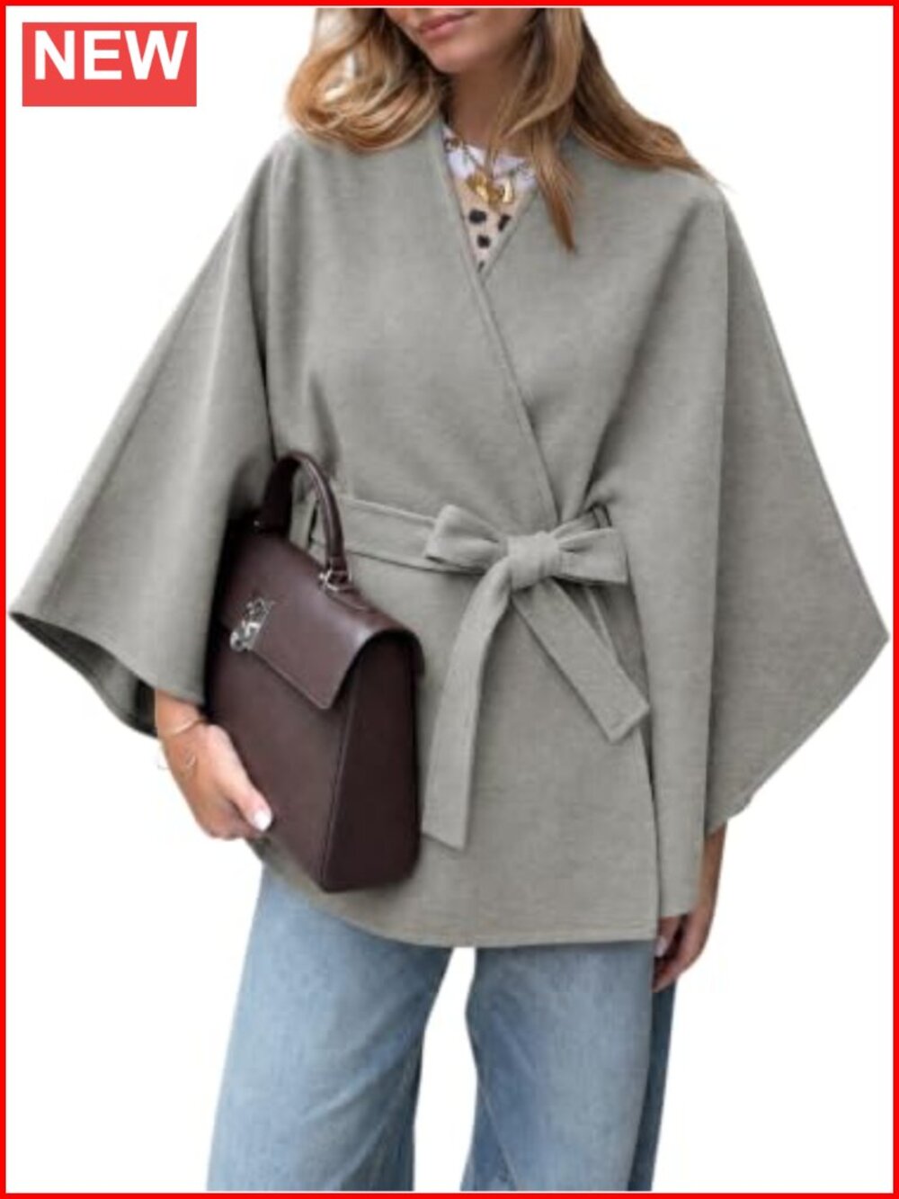 Women's Oversized Batwing Sleeve Poncho Pea Coat with Belt